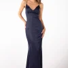 CIARA Lace Up Back Front Slit Satin Gown - Navy