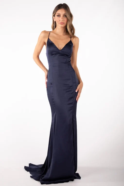CIARA Lace Up Back Front Slit Satin Gown - Navy