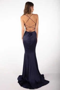 CIARA Lace Up Back Front Slit Satin Gown - Navy
