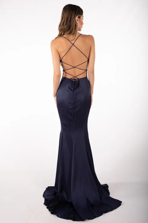 CIARA Lace Up Back Front Slit Satin Gown - Navy