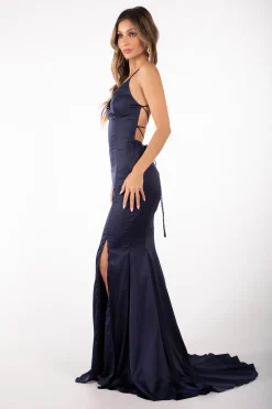 CIARA Lace Up Back Front Slit Satin Gown - Navy