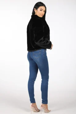 Cropped Faux Fur Coat - Black