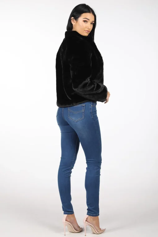 Cropped Faux Fur Coat - Black