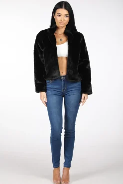 Cropped Faux Fur Coat - Black
