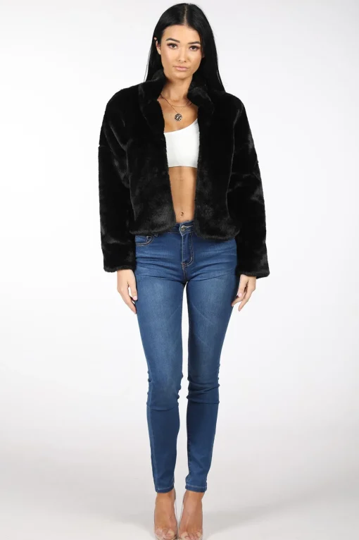 Cropped Faux Fur Coat - Black