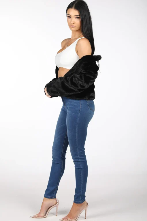 Cropped Faux Fur Coat - Black