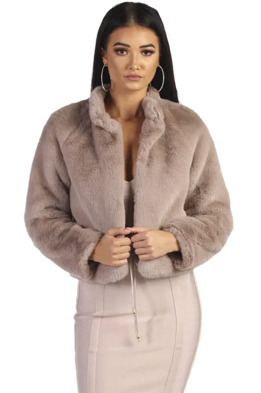 Cropped Faux Fur Coat - Mocha