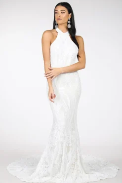 Delilah High Neck Pattern Sequin Gown - White