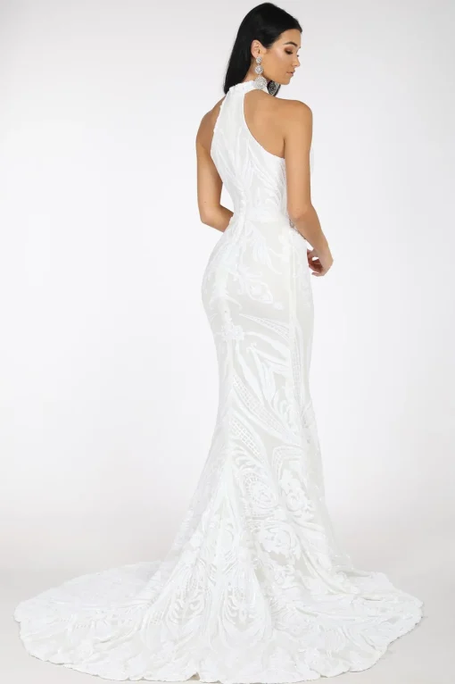 Delilah High Neck Pattern Sequin Gown - White