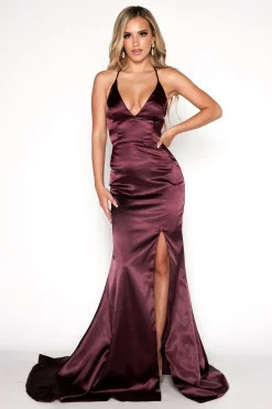 ELECTRA Lace Up Back Front Slit Satin Gown - Plum