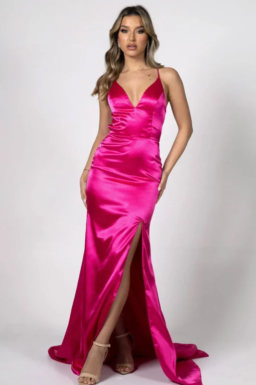 ELECTRA Lace Up Back Front Slit Satin Gown - Bright Pink