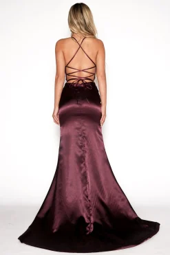 ELECTRA Lace Up Back Front Slit Satin Gown - Plum