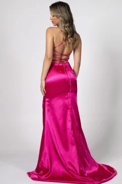 ELECTRA Lace Up Back Front Slit Satin Gown - Bright Pink