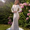 Elena Long-Sleeve Pattern Sequin Gown - White/Nude