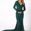 Elena Long-Sleeve Pattern Sequin Gown - Emerald