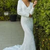 Elena Long-Sleeve Pattern Sequin Gown - White/White
