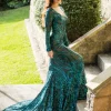 Elena Long-Sleeve Pattern Sequin Gown - Emerald/Nude