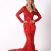 Elena Long-Sleeve Pattern Sequin Gown - Red
