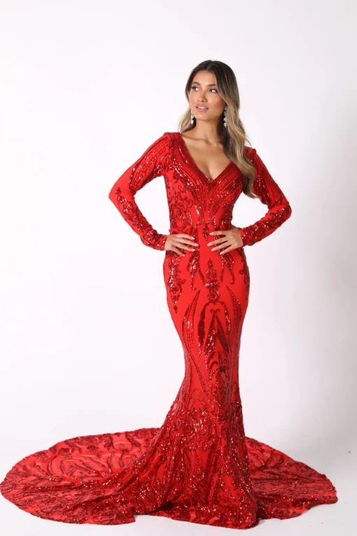 Elena Long-Sleeve Pattern Sequin Gown - Red