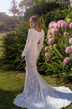Elena Long-Sleeve Pattern Sequin Gown - White/Nude