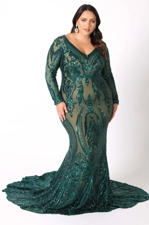 Elena Long-Sleeve Pattern Sequin Gown - Emerald/Nude