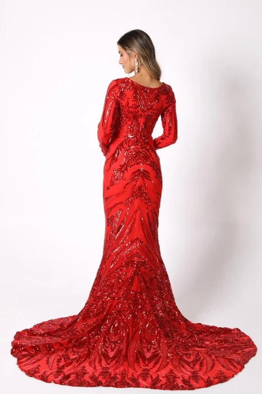 Elena Long-Sleeve Pattern Sequin Gown - Red