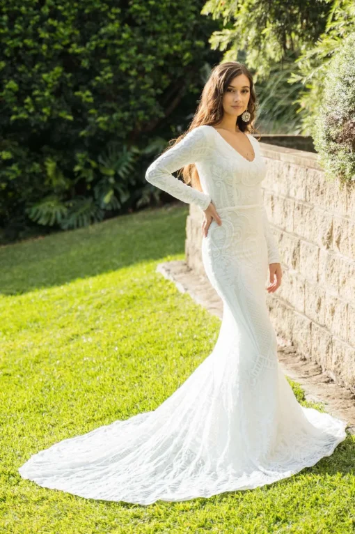Elena Long-Sleeve Pattern Sequin Gown - White/White