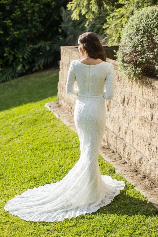 Elena Long-Sleeve Pattern Sequin Gown - White/White