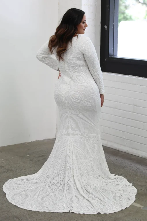 Elena Long-Sleeve Pattern Sequin Gown - White/White