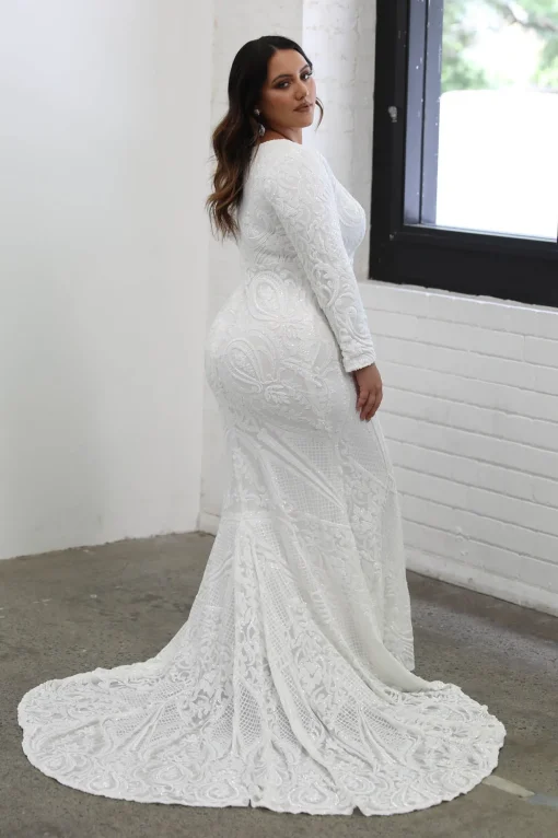 Elena Long-Sleeve Pattern Sequin Gown - White/White