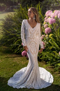 Elena Long-Sleeve Pattern Sequin Gown - White/Nude