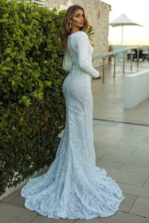 Elena Long-Sleeve Pattern Sequin Gown - White/White