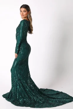 Elena Long-Sleeve Pattern Sequin Gown - Emerald