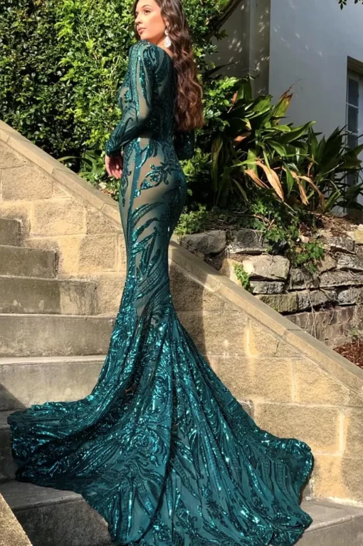 Elena Long-Sleeve Pattern Sequin Gown - Emerald/Nude