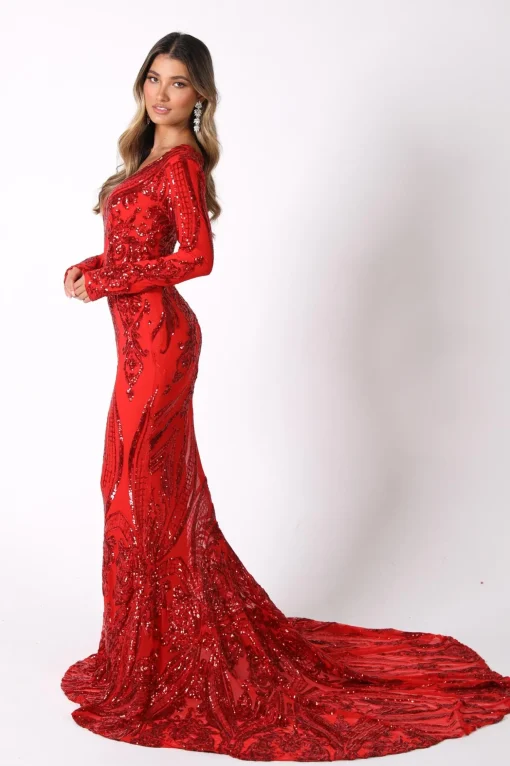 Elena Long-Sleeve Pattern Sequin Gown - Red