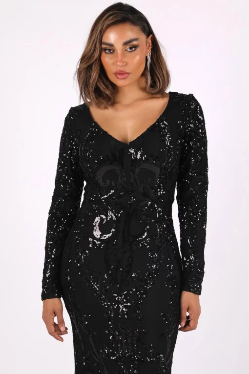 Elena Long-Sleeve Pattern Sequin Gown (NO Train) - Black
