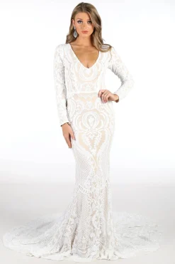 Elena Long-Sleeve Pattern Sequin Gown - White/Nude