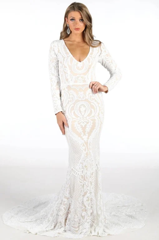 Elena Long-Sleeve Pattern Sequin Gown - White/Nude