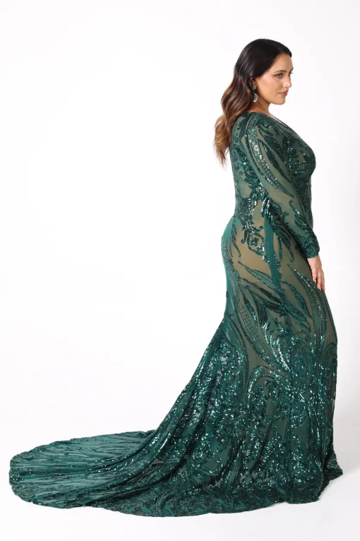 Elena Long-Sleeve Pattern Sequin Gown - Emerald/Nude