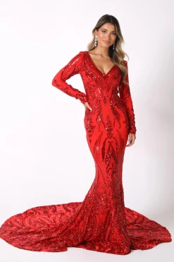 Elena Long-Sleeve Pattern Sequin Gown - Red