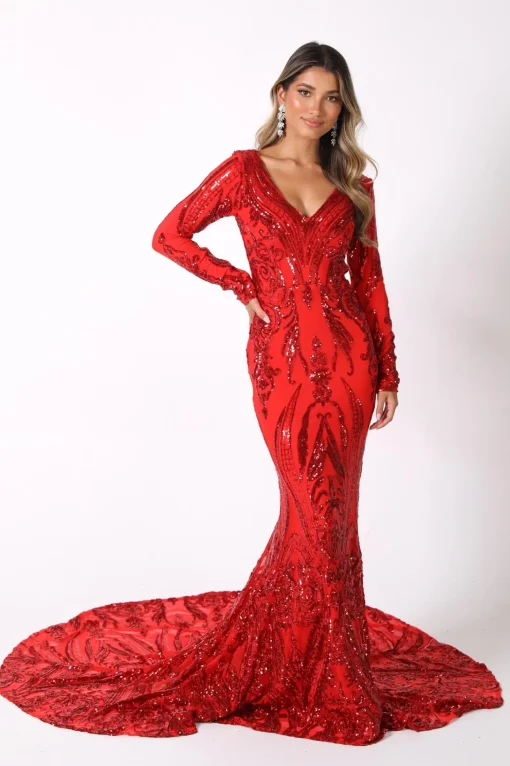 Elena Long-Sleeve Pattern Sequin Gown - Red