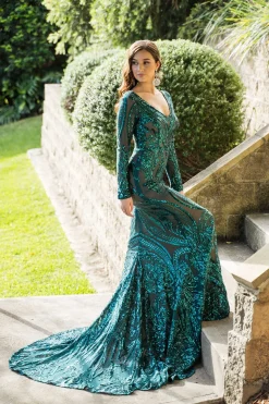 Elena Long-Sleeve Pattern Sequin Gown - Emerald/Nude