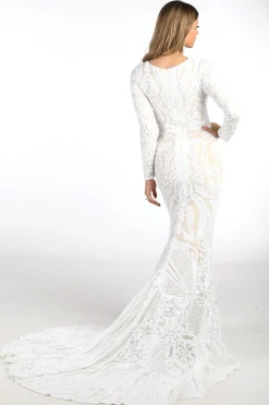 Elena Long-Sleeve Pattern Sequin Gown - White/Nude