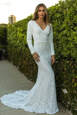 Elena Long-Sleeve Pattern Sequin Gown - White/White
