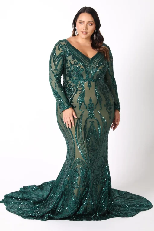 Elena Long-Sleeve Pattern Sequin Gown - Emerald/Nude