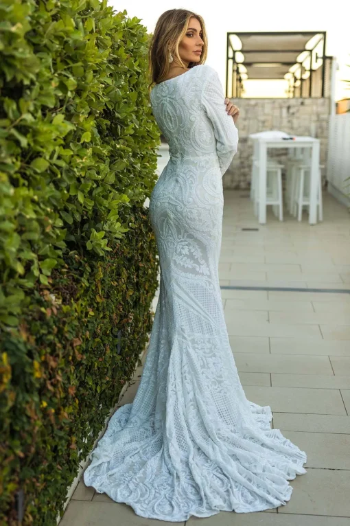 Elena Long-Sleeve Pattern Sequin Gown - White/White
