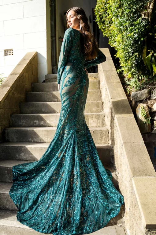 Elena Long-Sleeve Pattern Sequin Gown - Emerald/Nude