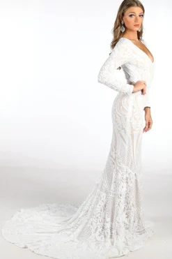 Elena Long-Sleeve Pattern Sequin Gown - White/Nude