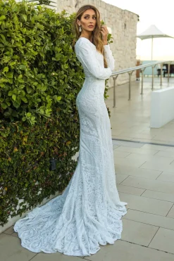 Elena Long-Sleeve Pattern Sequin Gown - White/White