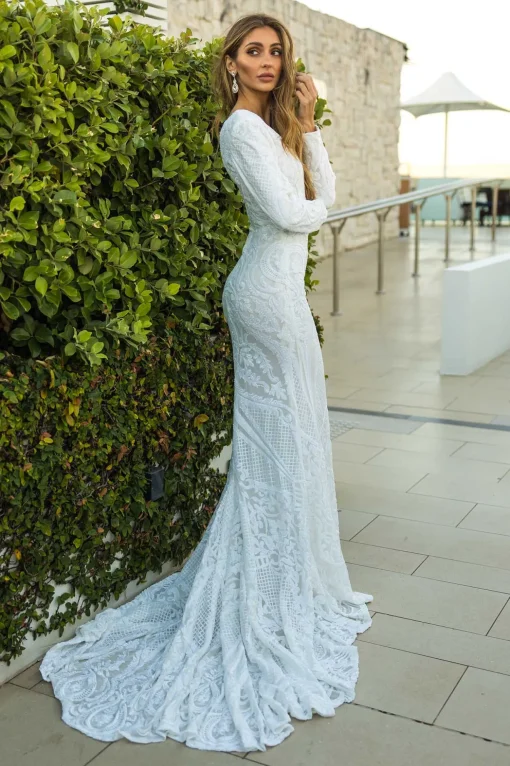 Elena Long-Sleeve Pattern Sequin Gown - White/White